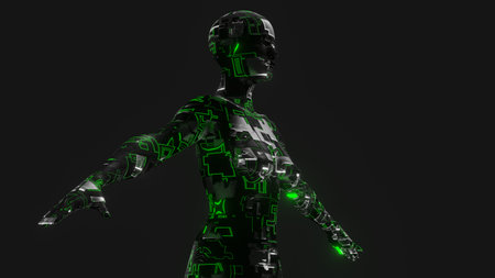 Artificial intelligence concept - portrait of cyber woman, human figure, low view on a dark background covered with various elements of the microcircuit with arms outstretched. 3d renderingの写真素材