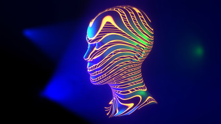 Concept of artificial intelligence, female head made of metal cut from tape with luminous stripes illuminated by colored lights sources, robot, modern art, stage decor, 3d rendetringの写真素材