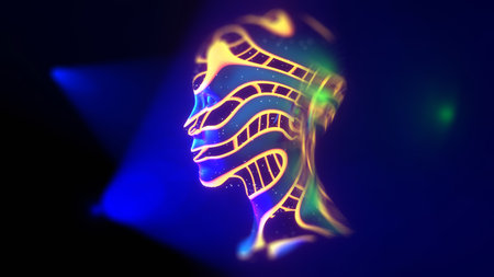 Concept of artificial intelligence, female head made of metal cut from tape with luminous stripes illuminated by colored lights, robot, modern art, stage decor, 3d rendetringの写真素材