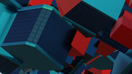 Abstract architectural composition made of cubes, building elements, cladding warm - cold colored....