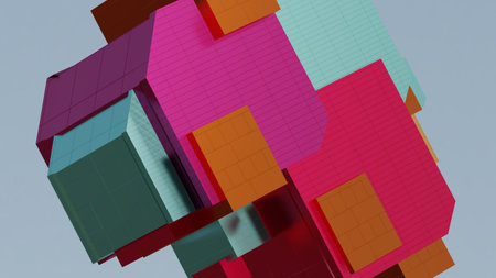 Abstract architectural composition made of cubes, aka building elements, cladding colored . Against the background, motion - movement and rotation, 3D renderingの写真素材