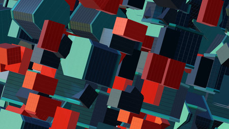 Abstract architectural composition made of cubes, aka building elements, cladding colored . Against...