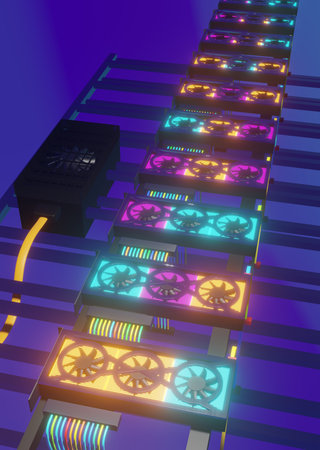 Set of ten graphic cards, neon glowing Bitcoin symbol - the concept of cryptocurrency mining, 3D...