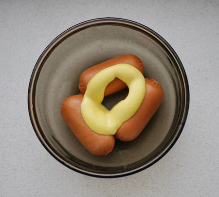 Sausages with French sauce in glassware, top viewの写真素材