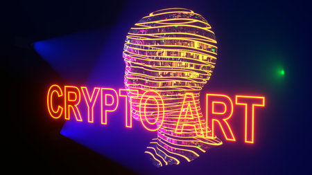 Crypto art concept - digital human 3D head, 3D rendering in cinema style atmosphere with text, 3D renderingの写真素材