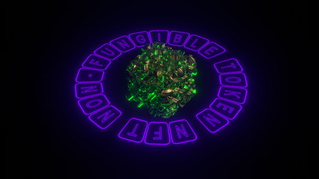 Non-fungible token concept illustration, NFT neon text and fantasy digital cubic word, 3D renderingの写真素材