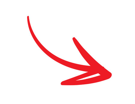 Red hand-drawn arrow, ink, brush style, on whiteのイラスト素材