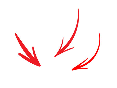 Set of three thin red hand-drawn arrows, ink, brush style, on whiteのイラスト素材