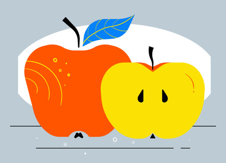 Two apples, minimalist flat illustration, first apple with a leaf, the second is cut in halfのイラスト素材