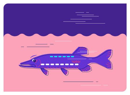 Pike in the river, minimalistic flat illustrationのイラスト素材