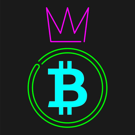 Bitcoin with crown neon symblol - Cryptocurrency winner concept, cyan, magenta, green line colorsのイラスト素材