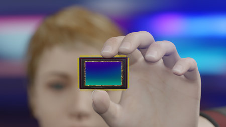 Woman demonstrates digital camera sensor, close-up with hand, blurred face and bokeh backround blur,...