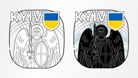 St. Michael the Archangel the Patron Saint of city of Kyiv, concept minimalist graphic art, symbol, two black and white edition, Ukraine flag colors - yellow and blueのイラスト素材