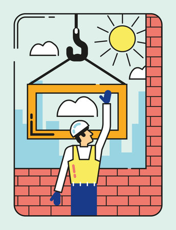 Construction worker, window frame, bricks, crane, minimalist concept illustrationのイラスト素材