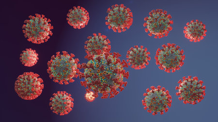 Mutated Omicron SARS-CoV-2 viruses. Electron microscope transparent enlargement size computer model,...