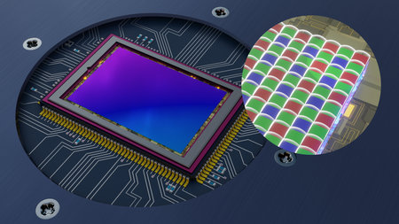 Crop of enlarged digital camera back-illuminated sensor at corner and full view modern digital...