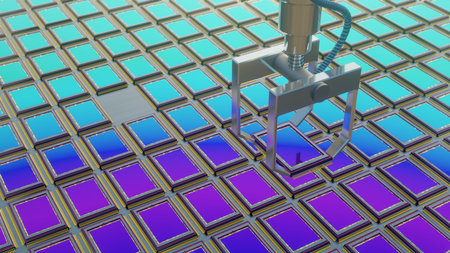 Modern digital camera sensors plant, crane with robotic hand transfers new assembled CMOS matrix to empty space on conveyor. 3D renderingの写真素材