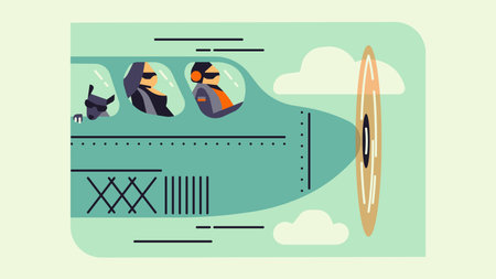 Aircraft nose, propeller, pilot and passenger, minimalist flat icon style cartoon. Dog in window -...