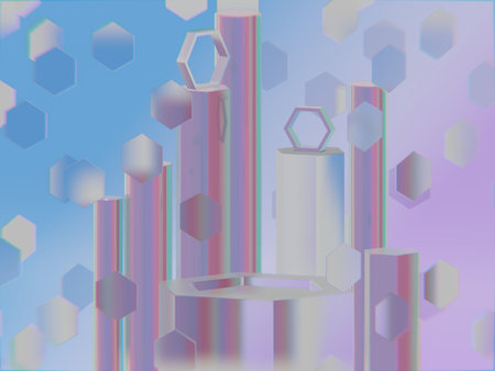 Creative background with hexagonal and cylindrical shapes, pearl and glassmorphism effect textures,...