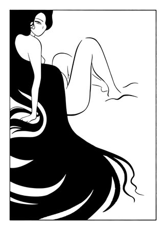 Beautiful pregnant woman with long hair, minimalist sketchのイラスト素材
