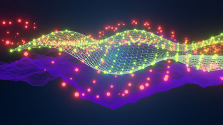 Cyber wireframes landscape in motion. Tech background. Math surfaces with lights in motion....
