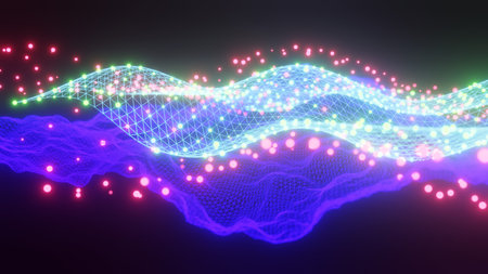Cyber wireframes landscape in motion. Tech background. Math surfaces with lights in motion....