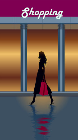 Fashion style slim stylised as fashion illustration stylish women silhouettes with long legs with shopping bag gainst the background of luminous department store windows, evening lightsのイラスト素材