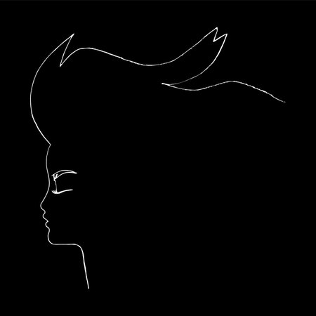 One line - the profile of a girl with hair on wind, black on white, minmalist continuous line technque, beauty fashion illustrationのイラスト素材