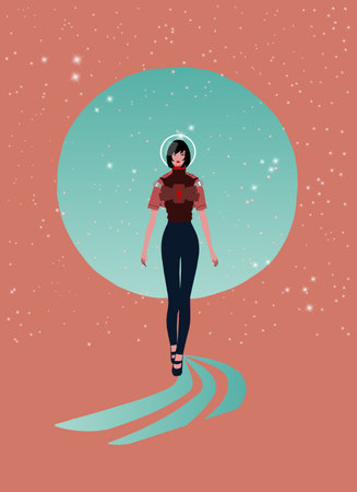 Space fashion catwalk promenade, futuristic vector fashion illustration, woman in cyberpank futuristic robot style suit walking at podium against planet and stars, retro color paletteのイラスト素材