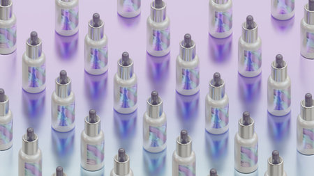 Set of dropper bottles with pearlescent labels, concept of medical and beauty procedures, orthographic 3D renderingの写真素材