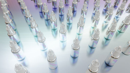 Set of dropper bottles with pearlescent labels, concept of medical and beauty procedures, wide angle 3D renderingの写真素材