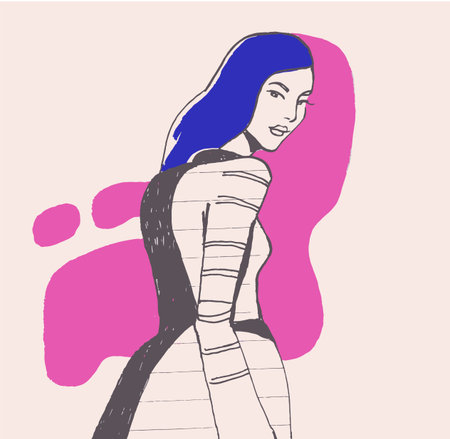 Hand drawn woman with blue hair, fashion illustration, vectorのイラスト素材
