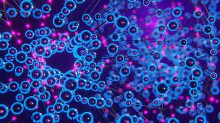 Microscopic life, organic molecule in liquid, 3D rendering, The molecular structure of balls-atoms and compounds-rods is visible, kinetic sculpture, cyberpunk coloringの写真素材