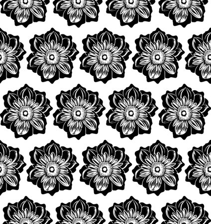 Seamless vector line art pattern made of black hand drawn flowers on white, retro engraving styleのイラスト素材