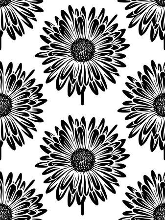 Seamless vector line art pattern made of hand drawn blooming sunflower flowers on whiteのイラスト素材