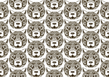 Seamless vector pattern of funny dog faces in the style of retro engravingの写真素材