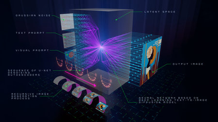 Neural network based on deep learning text-to-image diffusion model. Artificial Intelligence diffusion network principle. 3D rendering illustration of reconstructing image from noise - visual art, portrait in specific style is generated by AI convolutional network.の写真素材