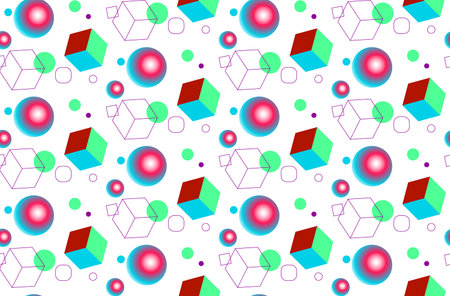Seamless vector pattern made of funny cubes, balls and circlesのイラスト素材