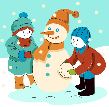 Children sculpting a snowman, vector cartoon comics style, seamless patternのイラスト素材
