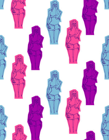 Woman doing smartphone selfie, continuous line vector, seamless patternのイラスト素材