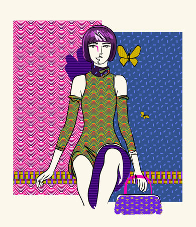 Girl with a fashionable bag and butterflies - fashion illustration, minimalist vector with luxury patterns fillのイラスト素材