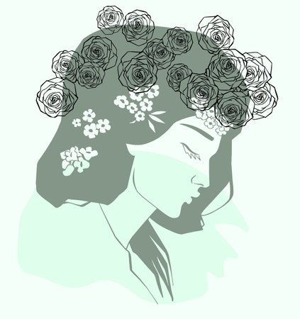 Profile of a girl and a wreath of roses, flat style vectorのイラスト素材