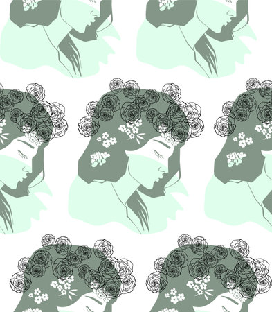 Profile of a girl and a wreath of roses, flat style seamless vectorのイラスト素材