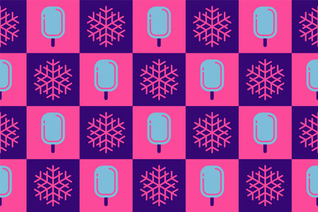 Snowflakes and ice cream, seamless vector texture - pattern, punchy forms and colors that demand attention, Patchwork effectのイラスト素材