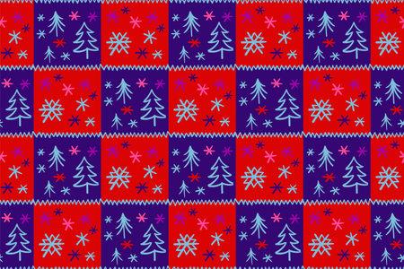 Snowflakes and Christmas trees, seamless vector texture - pattern, punchy forms and colors that demand attention, Patchwork effectのイラスト素材