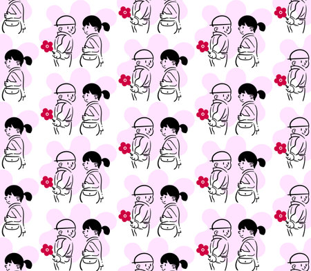 Boy and girl with a flower, vector cartoon drawing, seamless greetings backgroundのイラスト素材