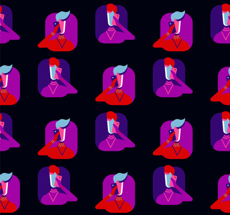 Male and female communicating with smartphones avatars for UI - UX design, minimalist flat style, seamless patternのイラスト素材