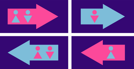 Toilet sign, male female, direction arrow, vector flat style, punchy forms and colors that demand attentionのイラスト素材