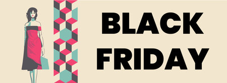 Black friday banner, woman with shopping bag, retro style vectorのイラスト素材