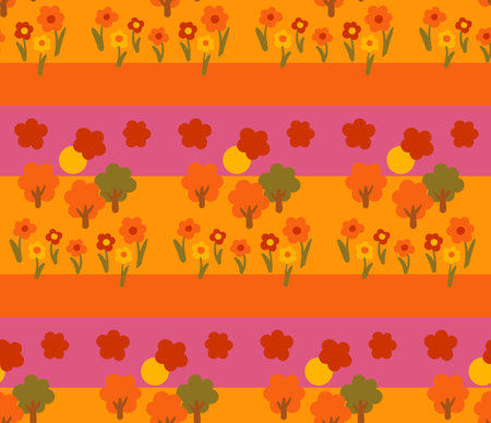 Autumn landscape at sunset, vector cartoon seamless patternのイラスト素材